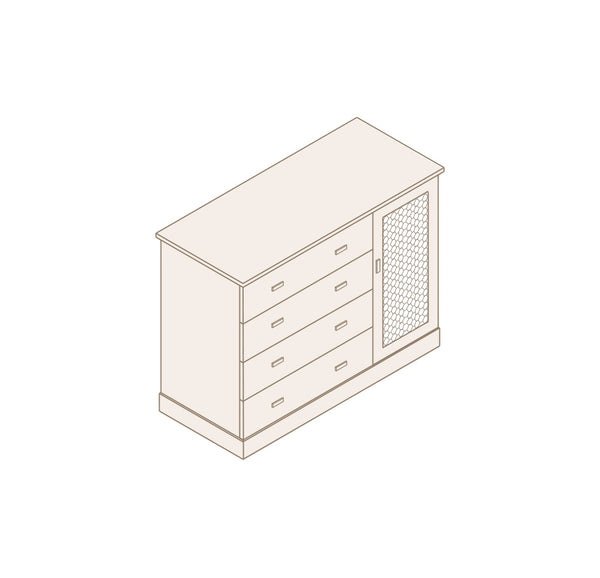 Cómoda armario con 4 cajones y 1 puerta de rejilla con metacrilato