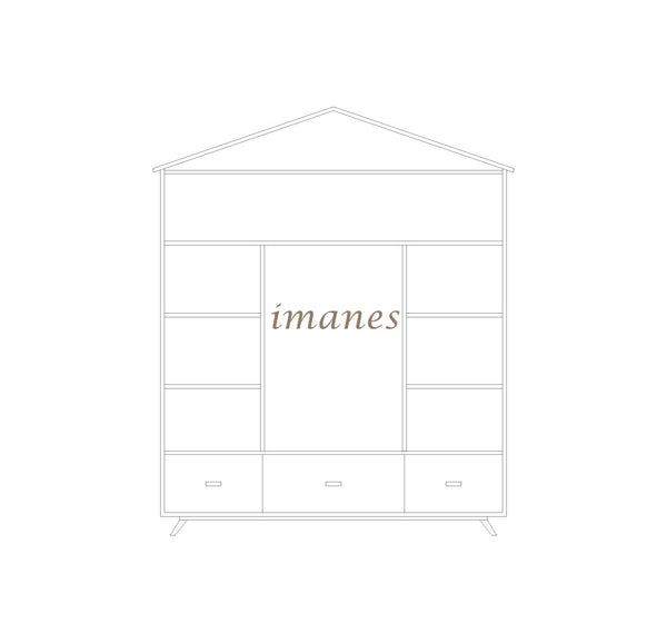 Estantería casita 3 cajones, estantes y pizarra de imanes